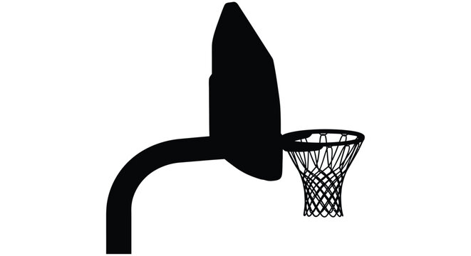 A black silhouette of a basketball hoop and backboard against a white background