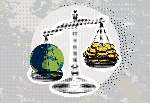 Trendy Halftone Collage with Weight scale with money on one side and planet Earth on the other. 
