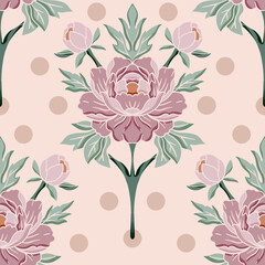 Moody Light Floral Seamless Pattern with Pink Peonies and Bold Polka Dots in Vintage Art Deco Style © Marie