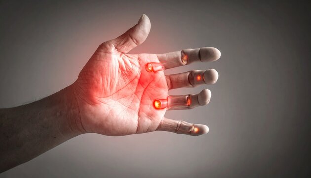 "Digital medical illustration of human hand joints, glowing red inflammation markers, skeletal anatomy overlay, arthritis visualization, healthcare education concept."