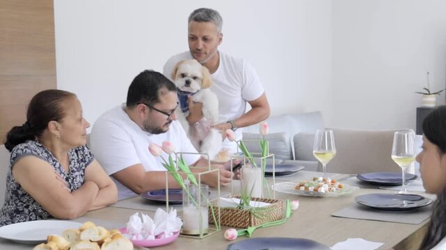 Man showing cute shih tzu dog to family members at dining table