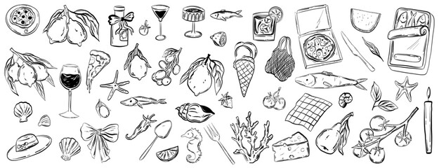 Fototapeta premium Hand drawn Italian summer lifestyle doodles set Mediterranean vacation symbols for beach party invitations and travel scrapbooking Dolce Vita elements
