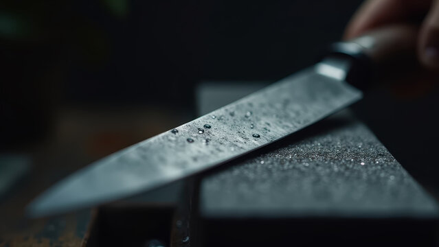 Macro shot of traditional Japanese knife being sharpened on wet whetstone