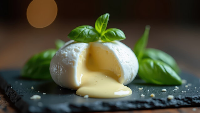 Fresh burrata cheese being torn open releasing creamy interior on slate board