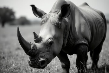 Fototapeta premium Intense gaze, monochrome rhino portrait South African ceratotherium simum , white rhino, black and white