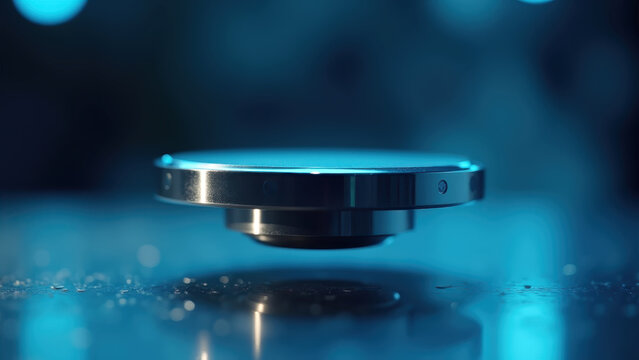 Superconductor magnet levitating spinning metallic disc above surface, bokeh dark physics laboratory background