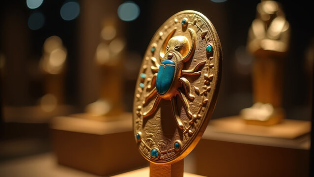 Ancient Egyptian gold scarab amulet under dramatic museum light, bokeh dark historical display background