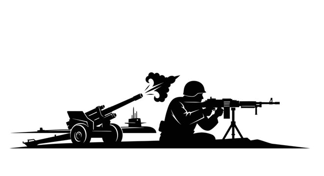 Silhouette of soldier firing machine gun next to artillery cannon and submarine