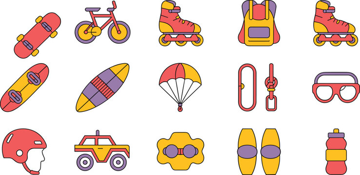 Extreme sports and outdoor adventure icon set featuring skateboard bicycle roller blades surfboard parachute helmet and protective gear for active lifestyle vector illustration isolated on white.