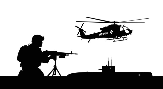 Silhouette of Soldier with Machine Gun, Helicopter, and Submarine on White Background
