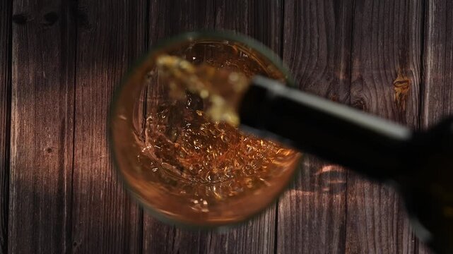 A bottle pouring beer into a glass, creating bubbles, viewed from above. Concept of refreshment, advertising content for bars, pub, cafes, and restaurants, celebration, nightlife and social gatherings