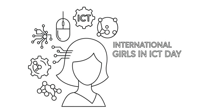Illustration promoting international girls in ict day with tech icons and a female profile
