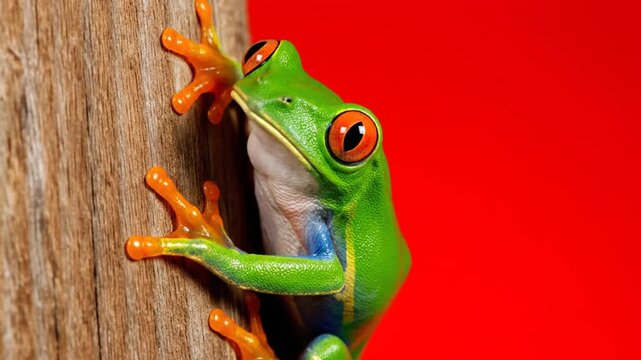 Vibrant tree frog climbing wooden surface against a red backdrop