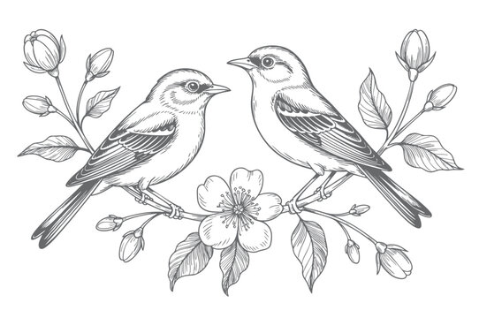 Vintage engraved birds with floral branches in classic ink line art style.
