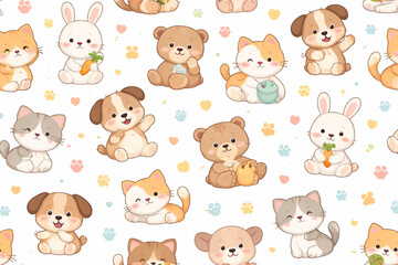 Obraz premium A charming seamless pattern featuring an array of adorable cartoon animals in a soft, kawaii style. The design includes happy puppies, fluffy kittens, cute bunnies holding carrots, and sweet teddy 