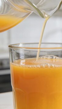 Vertical video: Pouring tilted pitcher filling clear glass at home to drink with orange juice