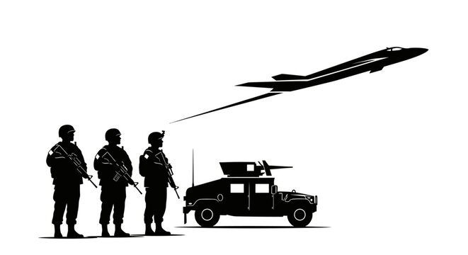 Military Team, Humvee, and Jet Fighter in Silhouette - Modern Warfare and Surveillance