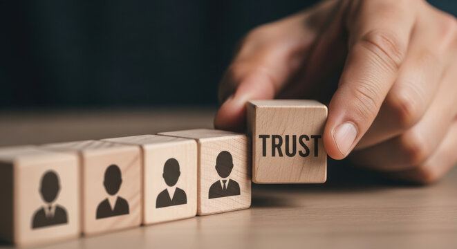 Wooden Blocks Arrangement Forming Word Trust Person Placing Block with Silhouette Icons Concept of Business Collaboration Partnership