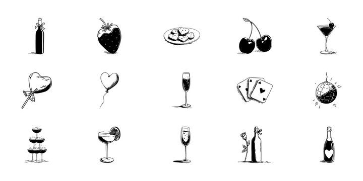Valentine Day Celebration Doodle Sketch Set. Romantic Symbols And Festive Elements In Hand Drawn Style Collection. Love, Wine, And Party Icons. Isolated Vector Illustration
