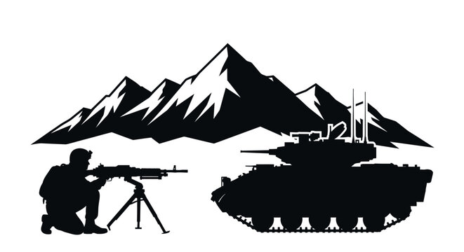 Silhouette of Soldier with Machine Gun and Tank in Snowy Mountains
