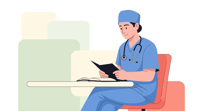 Doctor Reading Book at Desk, Medical Education, Healthcare Professional Studying