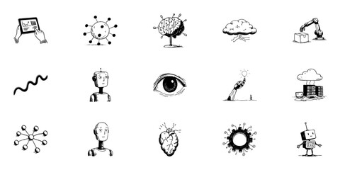 Fototapeta premium Hand-Drawn Technology And Innovation Doodle Sketch Set. Ai, Robotics, Cloud Computing, Data Analysis Collection. Futuristic Concepts And Digital Transformation. Isolated Vector Illustration