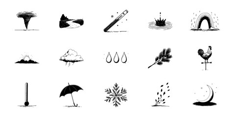 Naklejka premium Weather And Nature Elements Doodle Sketch Set. Tornado, Rainbow, Thermometer, Raindrops, More In Hand Drawn Style Collection. Atmospheric Phenomena And Seasonal Symbols. Isolated Vector Illustration