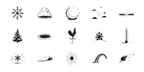 Naklejka premium Weather And Nature Elements Doodle Sketch Set. Seasonal Changes, Climate Symbols, And Natural Phenomena In Hand Drawn Style Collection. Isolated Vector Illustration