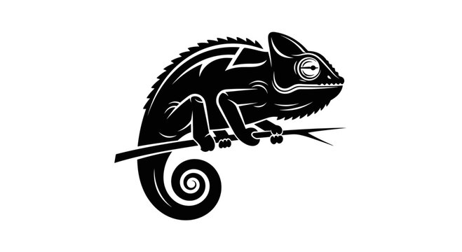 Black Chameleon Silhouette on Branch, Isolated White Background