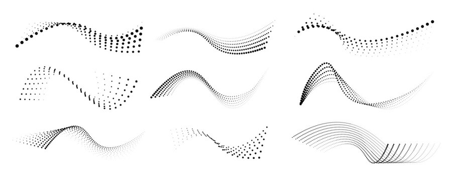 Set of dotted halftone waves png vector modern illustration on white background. Liquid gradient dots form smooth curve wave shape, dotted line. Soft abstract motion design style.
