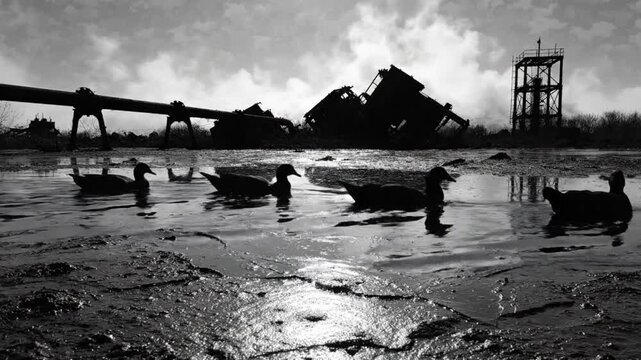 Black and white shot of ducks swimming in an industrial wasteland with a cloudy sky backdrop