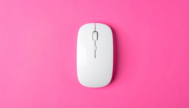 White wireless mouse on pink background, modern tech symbolism