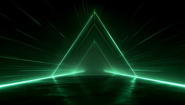 Abstract green neon triangle portal with dynamic light rays stretching across dark reflective ground creating sense of high speed movement and futuristic energy flow for technology advertisements