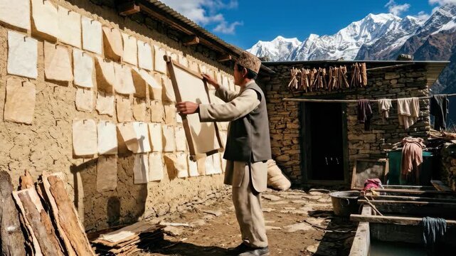 A traditional hand papermaker in a Nepalese lokta paper workshop carrying a drying frame of freshly formed lokta sheets to a sun-drying wall, the translucent pale sheets
