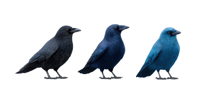 Three stylized crows in varying shades of black and blue, showcasing color transition and detail