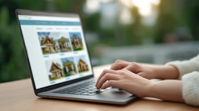 Woman Using Laptop to Browse Real Estate Listings in a Relaxed Outdoor Setting