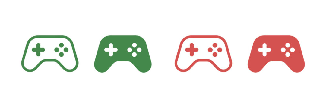 Video game controller icons modern vector illustration green and red controllers gaming joystick gamepad symbol set isolated on transparent background