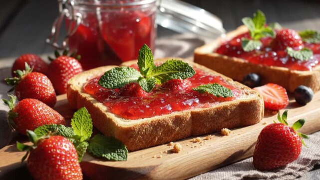 Strawberry jam toast with fresh berries and mint on wooden board