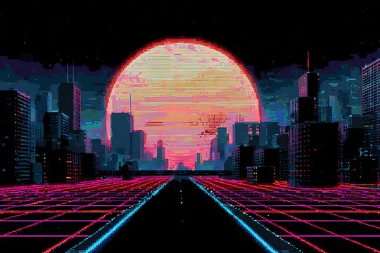 Retro futuristic city skyline at sunset with pixel art aesthetic features glowing grid road leading towards massive orange sun over dark silhouettes of urban skyscrapers and digital landscape