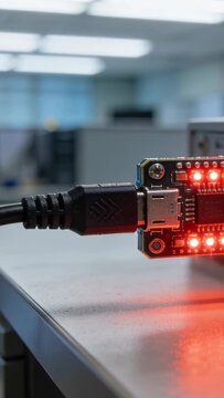 Vertical video: Powering dev board via USB lead showing red LEDs at desk, copy space