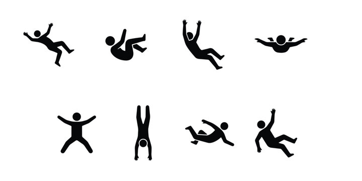 Falling person silhouette icon set, stick figure man tumbling and diving in mid-air, 8 black vector elements of people in freefall and accident poses