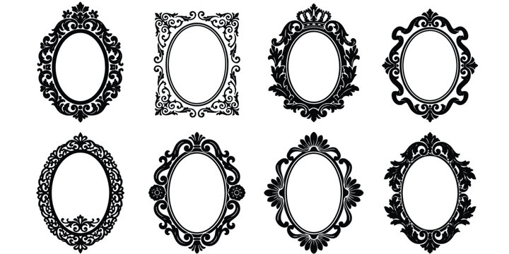 Vintage ornate oval frames set, 8 black baroque mirror borders, antique victorian filigree frame collection, decorative silhouette vector elements