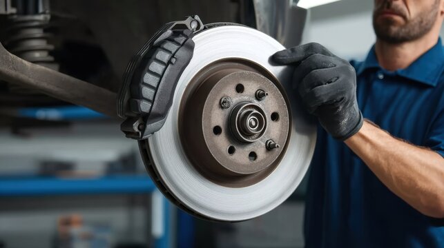 Skilled Mechanic Working on Brake System of Vehicle While Wearing Black Gloves and Blue Shirt in Automotive Workshop Setting