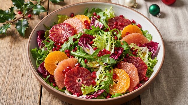 A bowl filled with mixed greens, oranges, and pomegranate segments