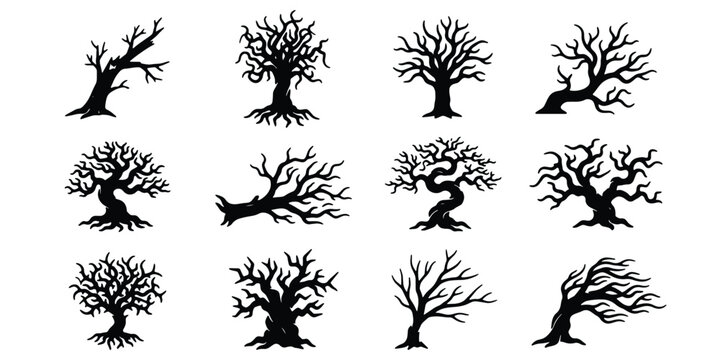 Spooky dead tree silhouettes set, 12 black leafless tree icons, creepy gnarled branches and bare wood vectors for Halloween and horror design