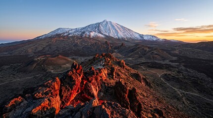 Naklejka premium Striking red glowing volcanic rock formation in the foreground points toward the majestic snow-capped peak of Mount Teide during sunrise.