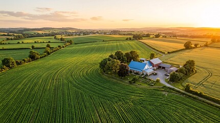 Naklejka premium Sweeping lush green agricultural fields arranged in perfect rows lead to a classic farmhouse with a blue roof under warm golden sunlight.