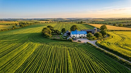 Naklejka premium Sweeping lush green agricultural fields arranged in perfect rows lead to a classic farmhouse with a blue roof under warm golden sunlight.