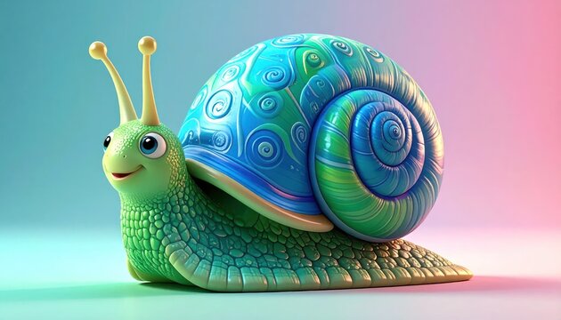 Whimsical Cartoon Snail with Iridescent Shell and Friendly Face.