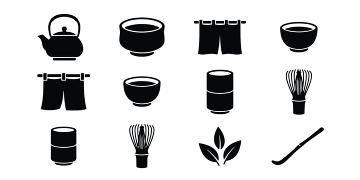 Japanese matcha tea ceremony icons, black silhouette vector set of 12 elements, traditional tea house equipment and bamboo whisk symbols
